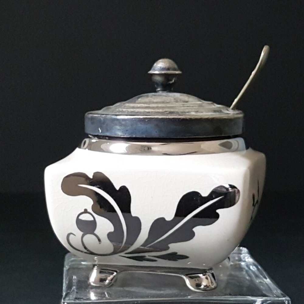 MCM Jam Pot with Silver Plate Lid Silver Spoon Sandland Ware England